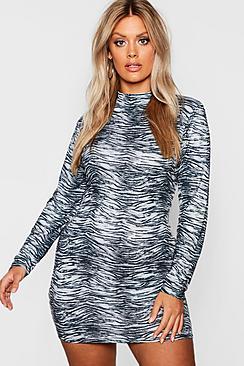Boohoo Plus High Neck Long Sleeve Zebra Mini Dress