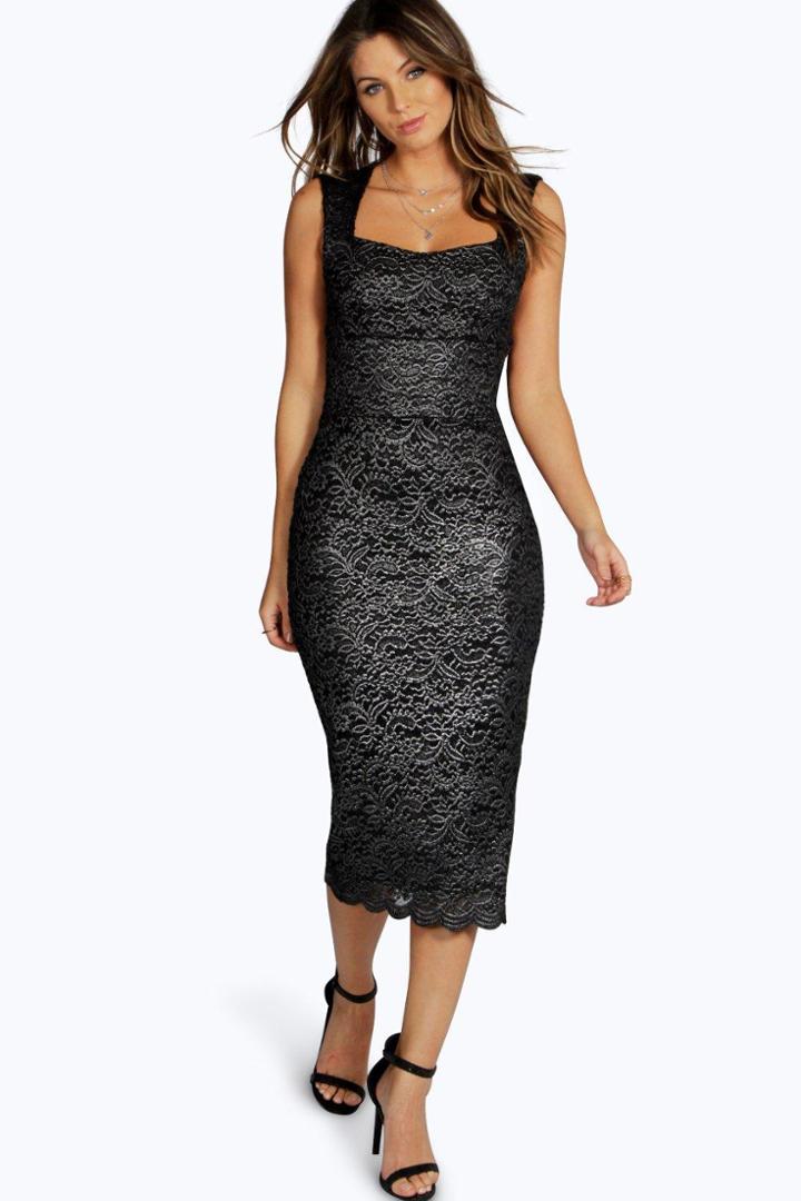 Boohoo Tilly Metallic Scallop Lace Sweetheart Midi Dress Silver
