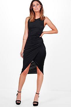 Boohoo Addie Slinky Ruched Detail Midi Dress