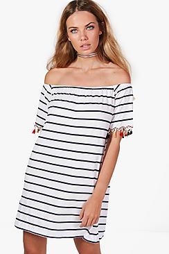 Boohoo Heidi Stripe Off The Shoulder Shift Dress