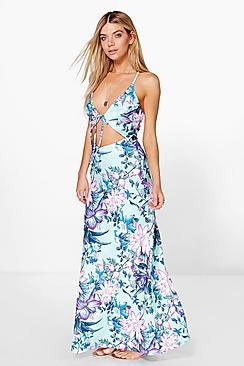 Boohoo Hannah Cut Out Strappy Tropical Maxi Dress
