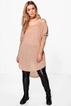 Boohoo Plus Amanda Knitted Off The Shoulder Tee Camel
