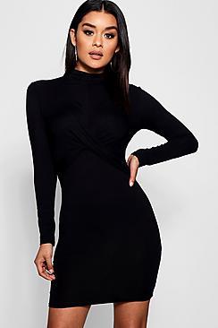 Boohoo Knot Front Long Sleeved Mini Dress