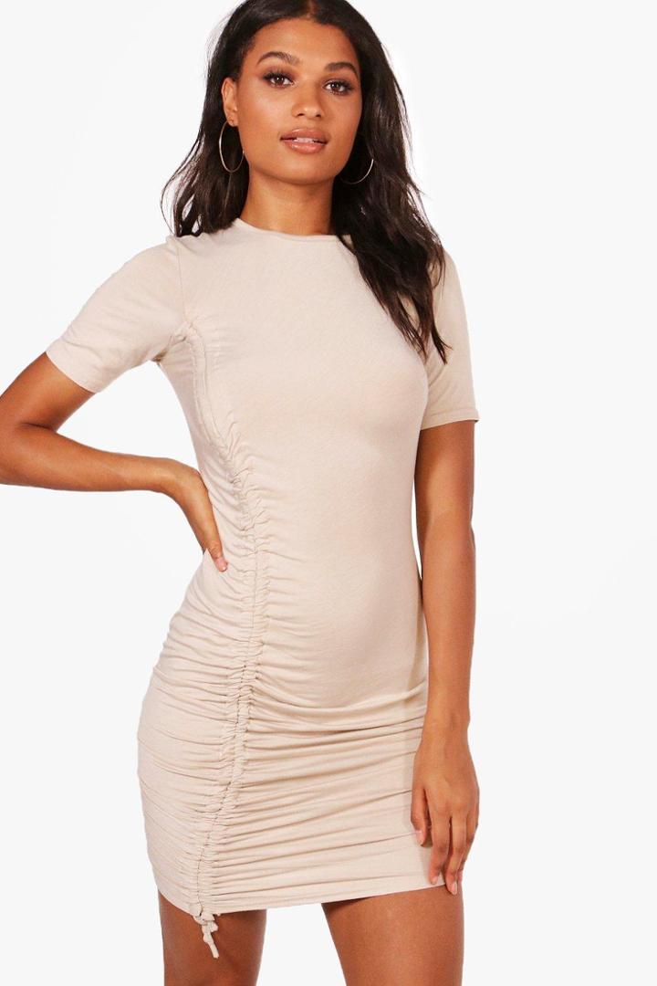 Boohoo Eva Rouched Tie Cap Sleeve Bodycon Dress Sand