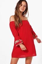 Boohoo Petite Livi Off Shoulder Embroidered Shift Dress