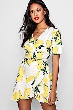 Boohoo Lemon Print Wrap Front Ruffle Playsuit
