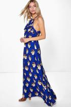 Boohoo Georgette Oriental Print Ruffle Neck Maxi Dress Royal