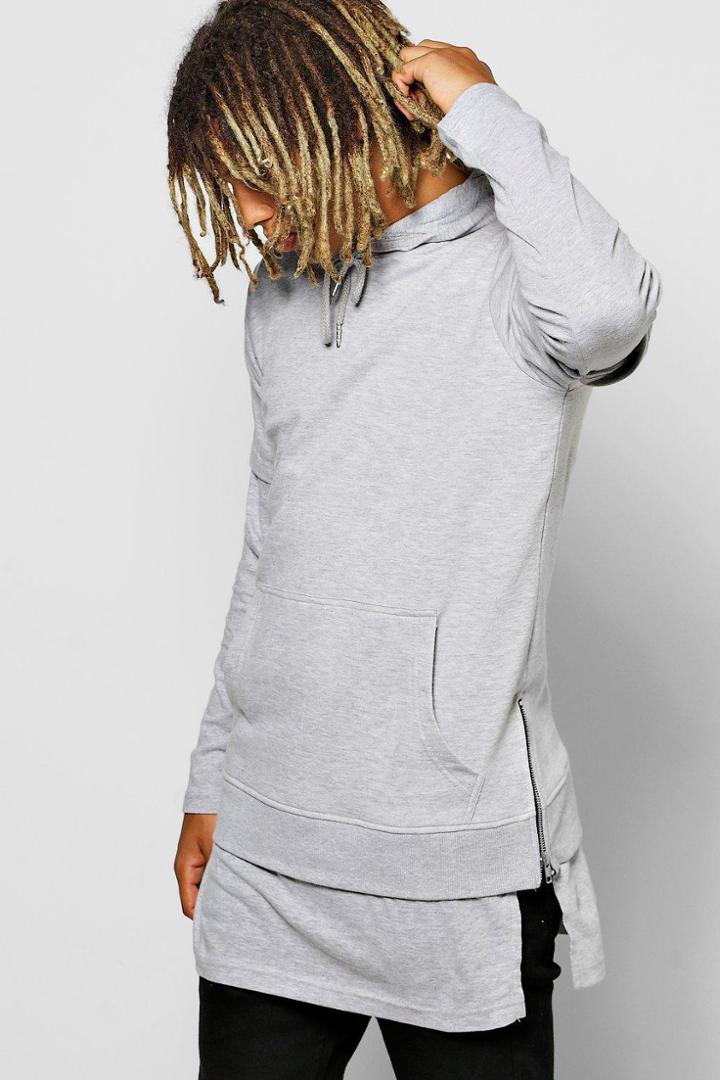 Boohoo Longline Hoodie With Faux Layer & Zips Grey