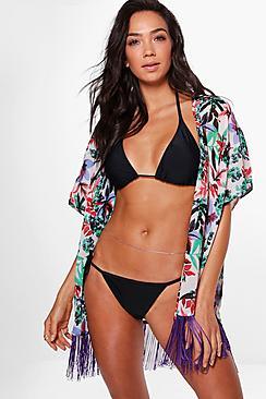 Boohoo Emily Tropical Floral Fringed Beach Kimono