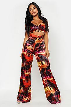 Boohoo Tropical Print Satin Wide Leg Trouser