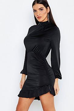 Boohoo Slinky High Neck Blouson Sleeve Bodycon Dress