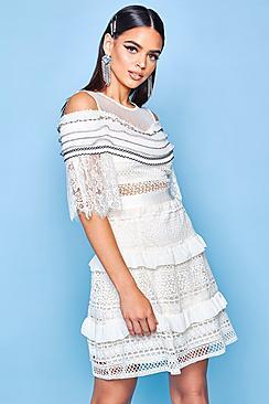 Boohoo Premium Cold Shoulder Lace Ruffle Dress