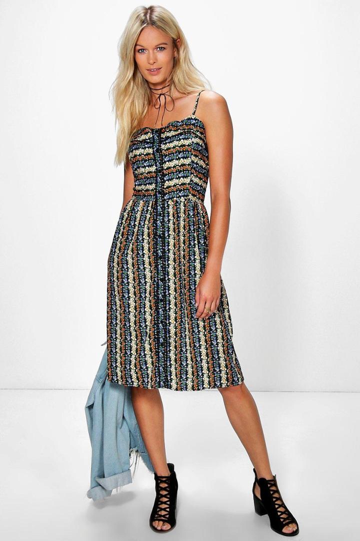 Boohoo Daisy Strappy Button Through Print Dress Multi