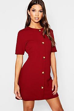 Boohoo Horn Button Round Neck Shift Dress