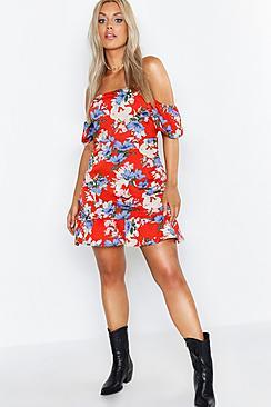 Boohoo Plus Floral Print Woven Bardot Frill Mini Dress