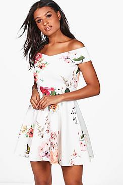 Boohoo Jenna Floral Print Off Shoulder Skater Dress