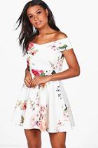 Boohoo Jenna Floral Print Off Shoulder Skater Dress