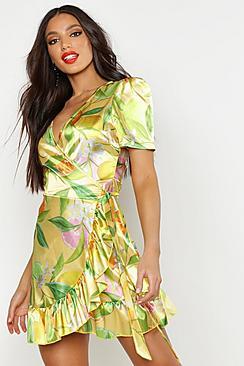 Boohoo Satin Fruit Print Wrap Dress