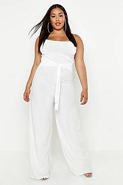 Boohoo Plus Tie Front Strappy Wide Leg Slinky Jumpsuit