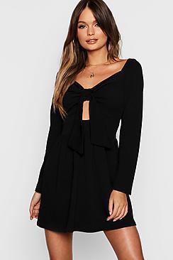 Boohoo Long Sleeve Knot Front Mini Skater Dress