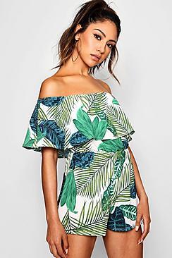Boohoo Natalya Palm Print Off The Shoulder Playsuit