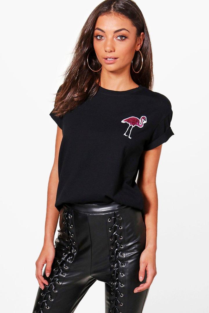 Boohoo Tall Lola Flamingo Applique Oversized T-shirt Black