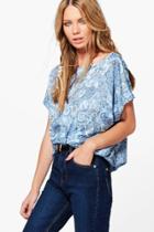 Boohoo Kiera Paisley Print Slash Neck T-shirt Blue