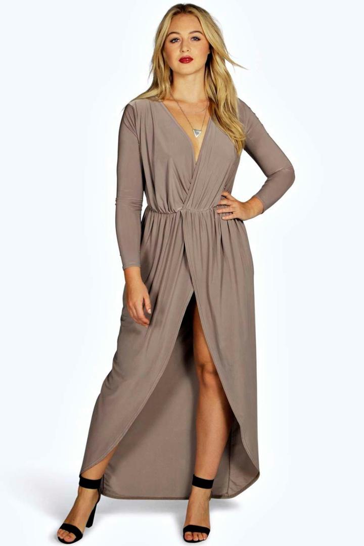 Boohoo Plus Zoe Slinky Wrap Front Maxi Dress Mocha