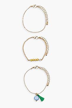 Boohoo Maria Bead And Tassel Chain Bracelet 3pk