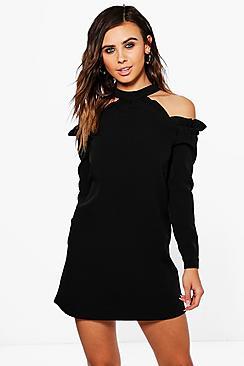 Boohoo Petite Belle High Neck Ruffle Sleeve Shift Dress
