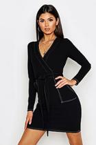 Boohoo Contrast Stitch Belted Wrap Dress