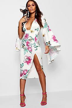 Boohoo Carly Extreme Cape Sleeve Wrap Midi Dress