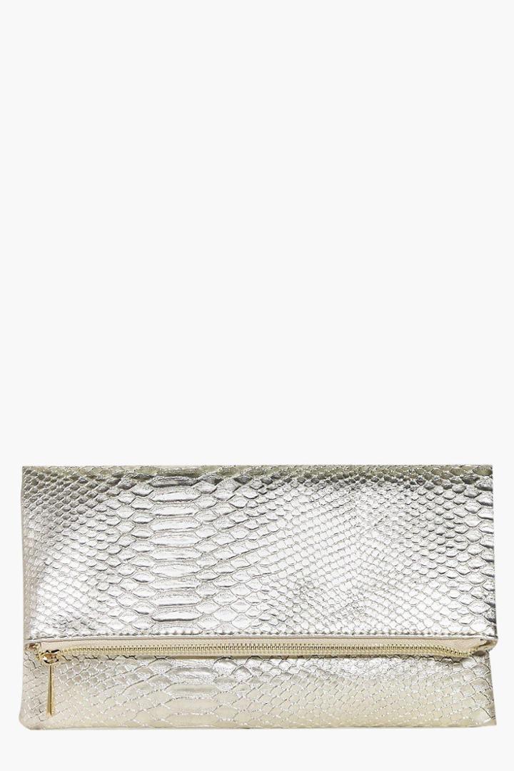 Boohoo Lara Snake Effect Fold Over Clutch Bag Gold