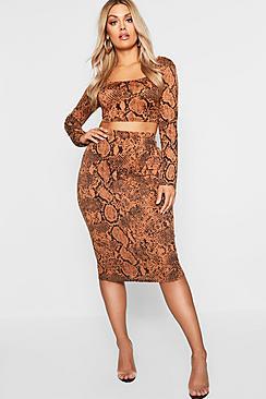 Boohoo Plus Tan Snake Print Bodycon Midi Skirt