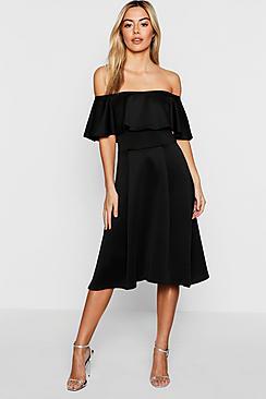 Boohoo Petite Off The Shoulder Skater Midi Dress