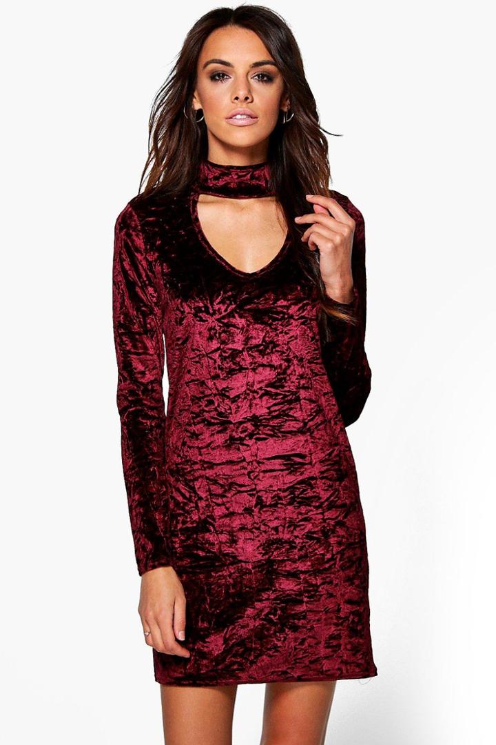 Boohoo Aly High Neck Choker Shift Dress Berry