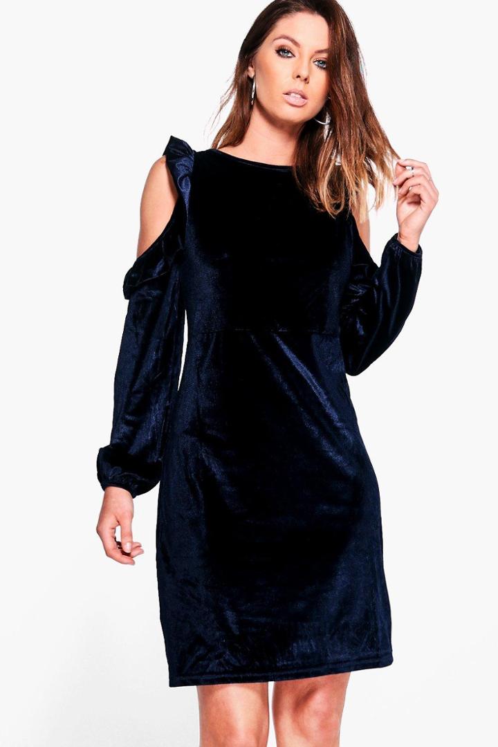 Boohoo Laura Cold Shoulder Frill Velvet Dress Marine