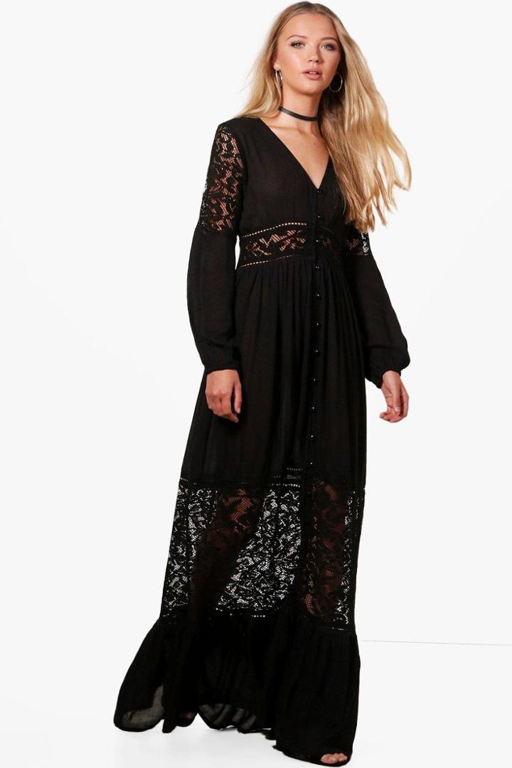Boohoo Paige Lace Insert Western Maxi Dress Black