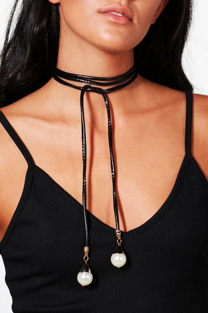 Boohoo Sophia Faux Pearl End Tie Cord Choker Black