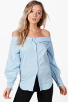 Boohoo Katie Off The Shoulder Shirt Blue