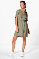 Boohoo Carmino V Front Self Tie Shift Dress Khaki