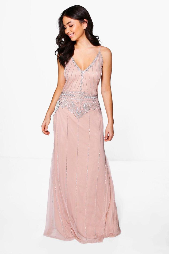 Boohoo Boutique Tasha Beaded Strappy Maxi Dress Nude