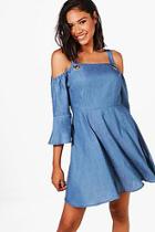 Boohoo Renee Off The Shoulder Eyelet Denim Dress