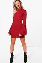 Boohoo High Neck Crepe Flare Sleeve Shift Dress