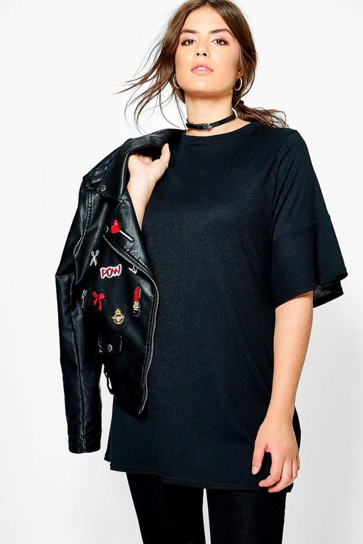Boohoo Plus Matilda Ribbed Ruffle Sleeve Shift Dress Black