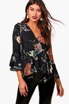 Boohoo Emma Wrap Over Tie Printed Blouse