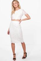 Boohoo Petite Zoe Lace Crop + Midi Skirt Co-ord White