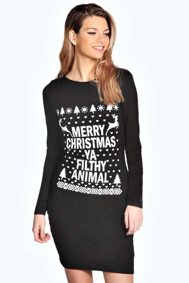 Boohoo Emma Filthy Animal Christmas Bodycon Dress Black