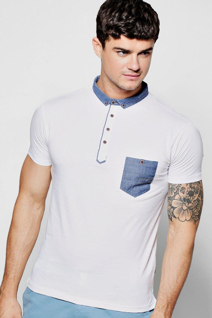 Boohoo Short Sleeve Polo With Chambray Collar & Placket White