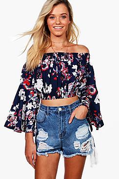 Boohoo Holly Flared Sleeve Shirred Bardot Top
